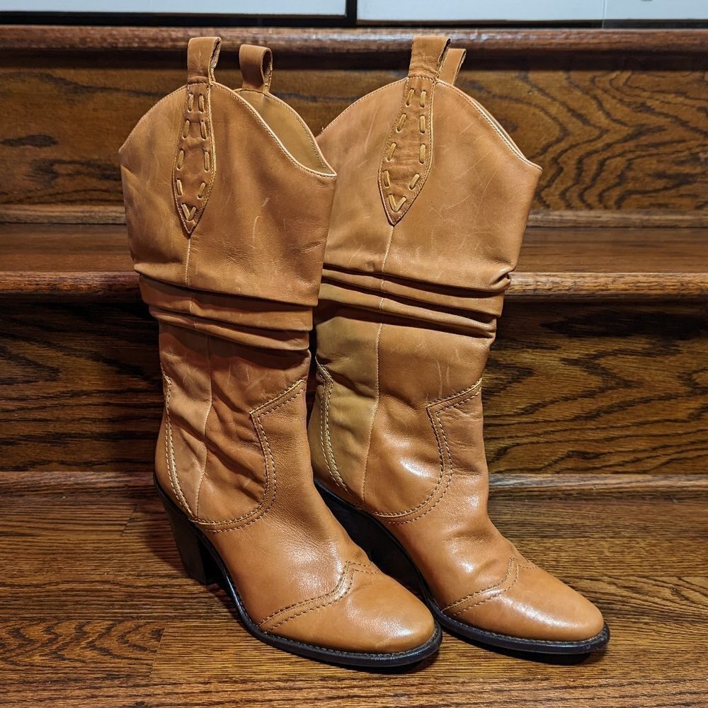 Cherokee Brand Women's 6B Tan Leather Slouch Western Boots with 3 inch Heels